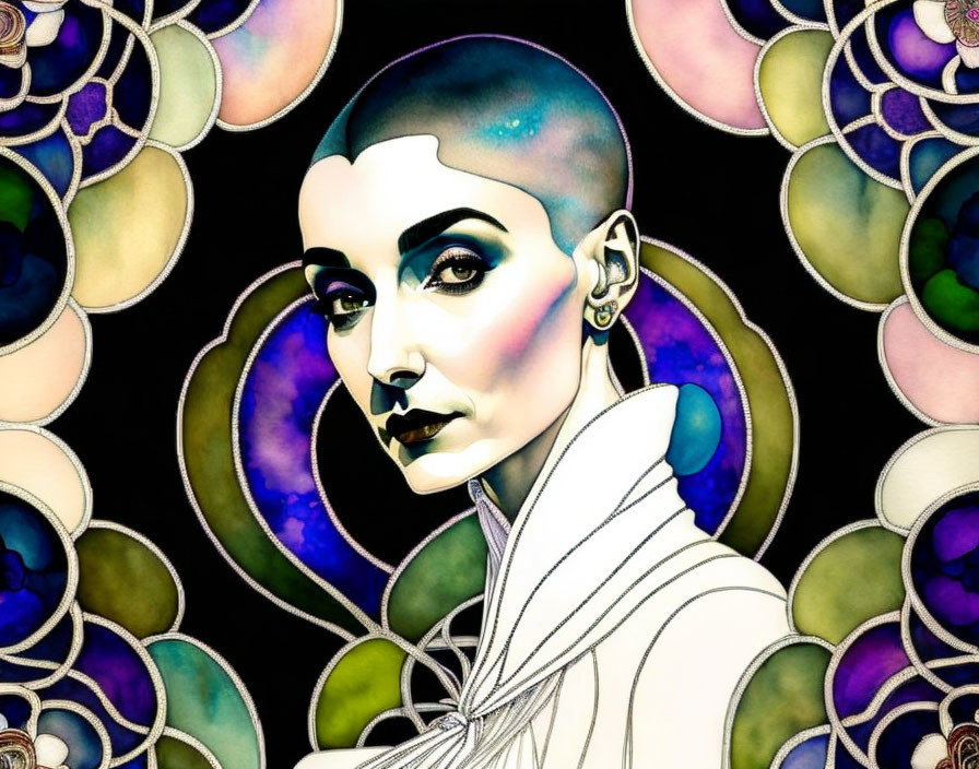 Colorful circles backdrop stylized woman with shaved head