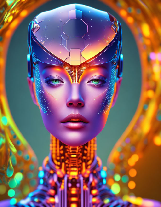 Detailed Futuristic Female Android with Glowing Eyes and Cosmic Pattern