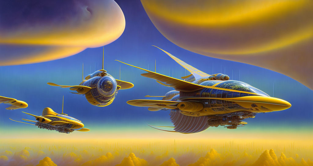 Futuristic flying vehicles over alien landscape with dramatic sky