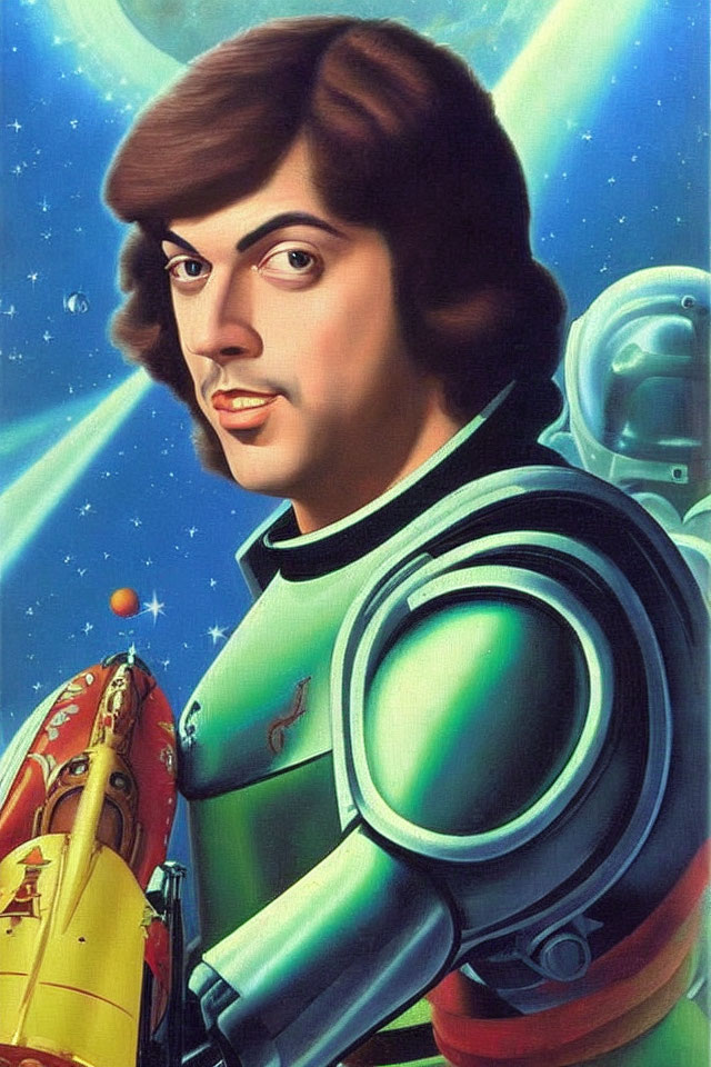 Brown-haired person in green space suit with spaceship in cosmic background