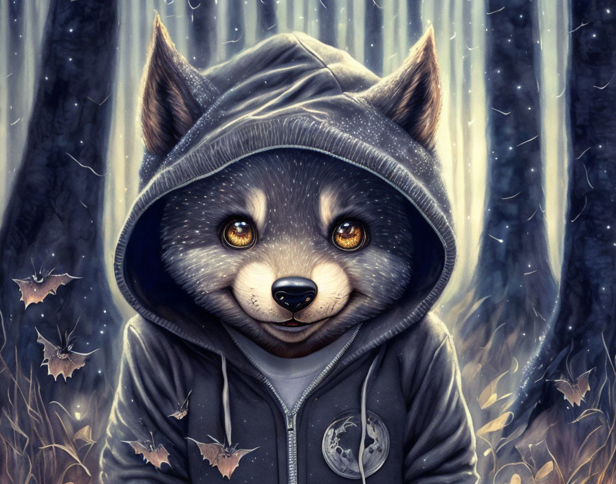 Anthropomorphic raccoon in hoodie surrounded by whimsical forest scene