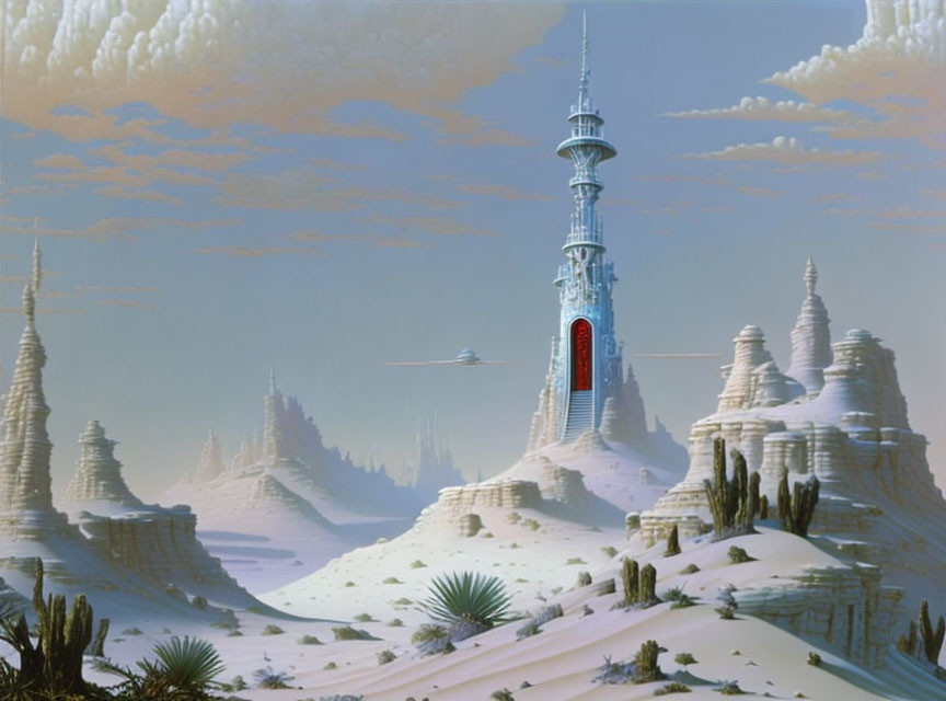 Futuristic tower in snowy peaks with flying vehicles.