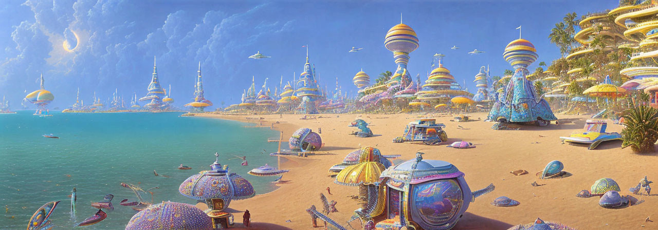 Futuristic beachside cityscape with advanced technology and flying vehicles