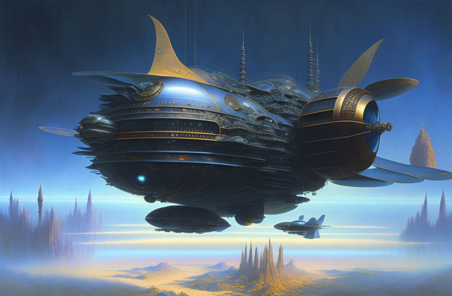 Ornate futuristic airship over dreamlike landscape