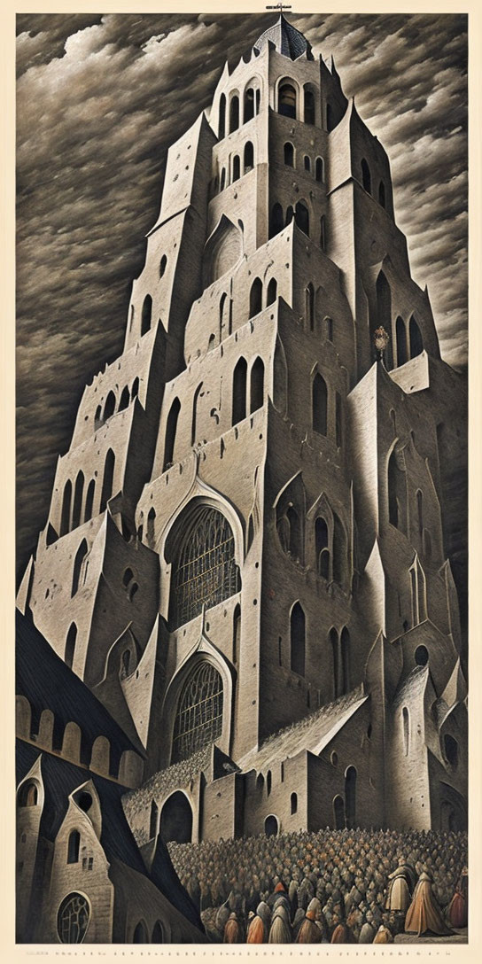 Surrealist drawing of towering castle with arches and figures