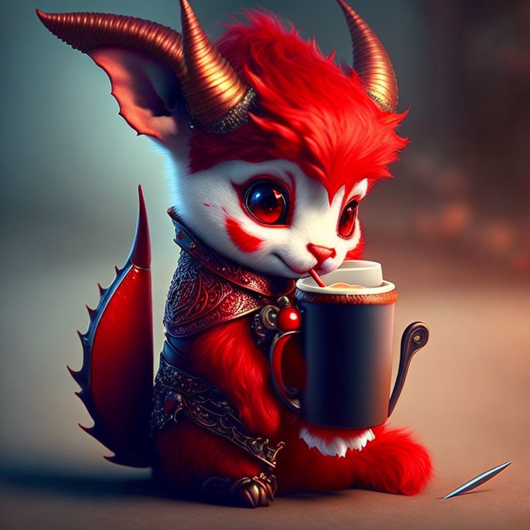 Red furry creature with wings and coffee cup illustration