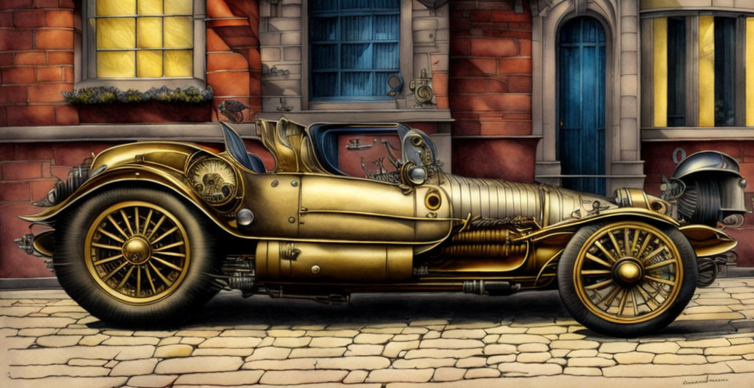 Retro-futuristic vehicle with brass detailing and steampunk design.