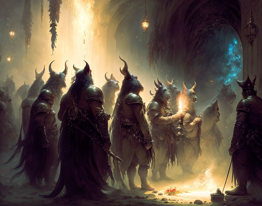 Fantasy warriors with horns in mystical hall with blue glow