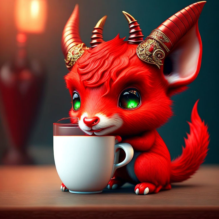 Stylized red creature with horns and green eyes holding a white cup