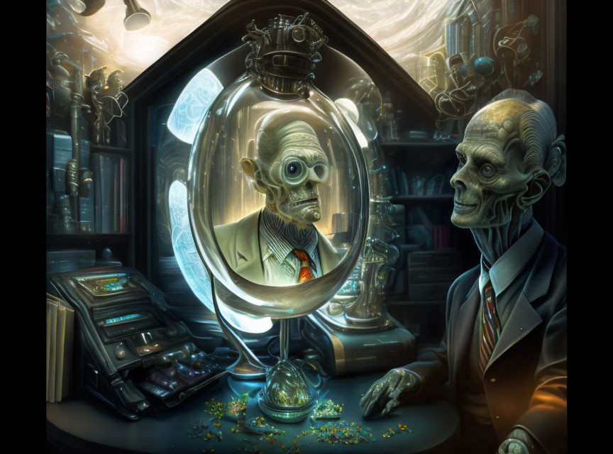 Two elderly male figures in dark lab with transparent sphere and eerie blue light