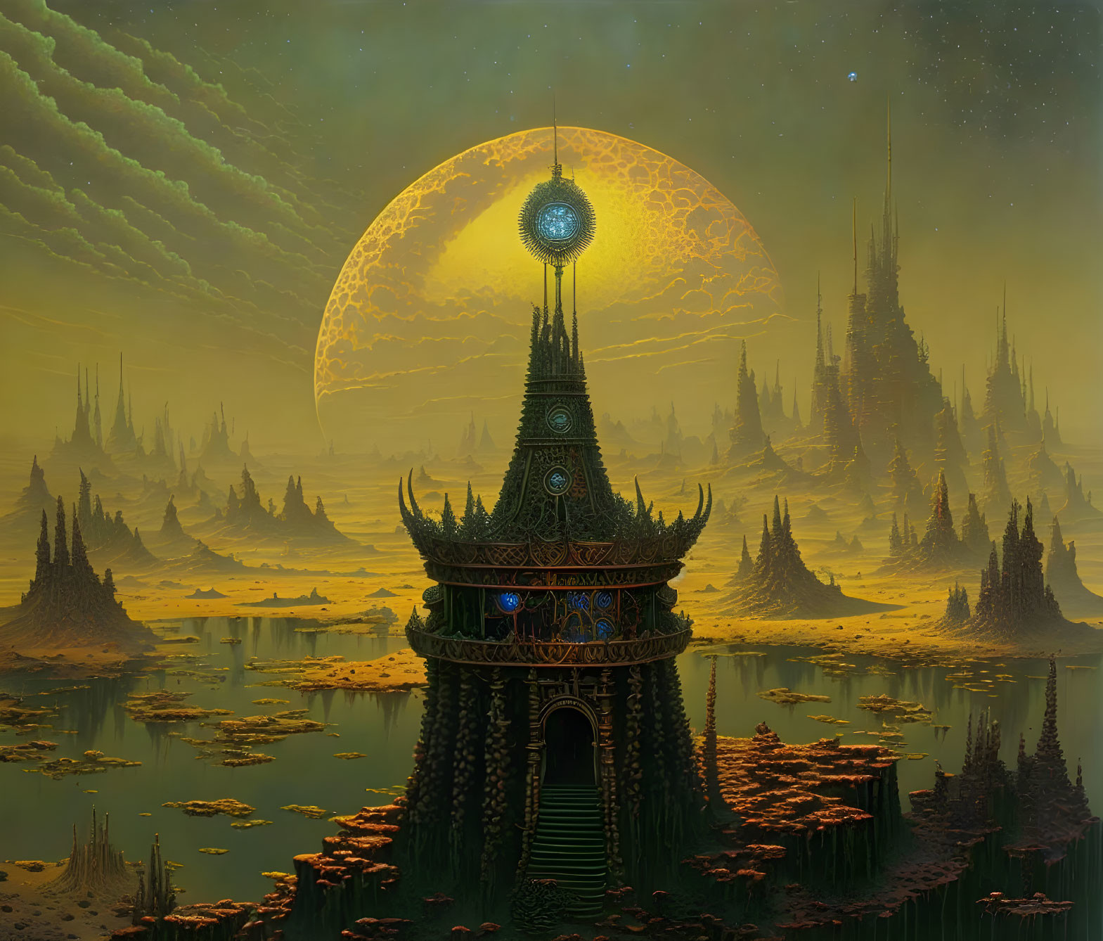 Fantasy landscape with large moon, ornate tower, and alien structures in murky swamp.