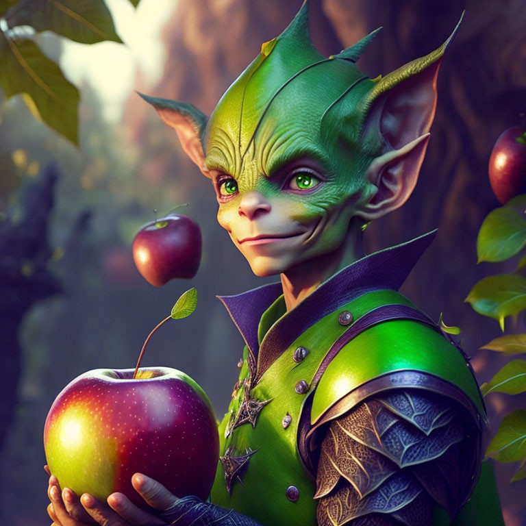 Green-skinned elf with red apple in forest setting