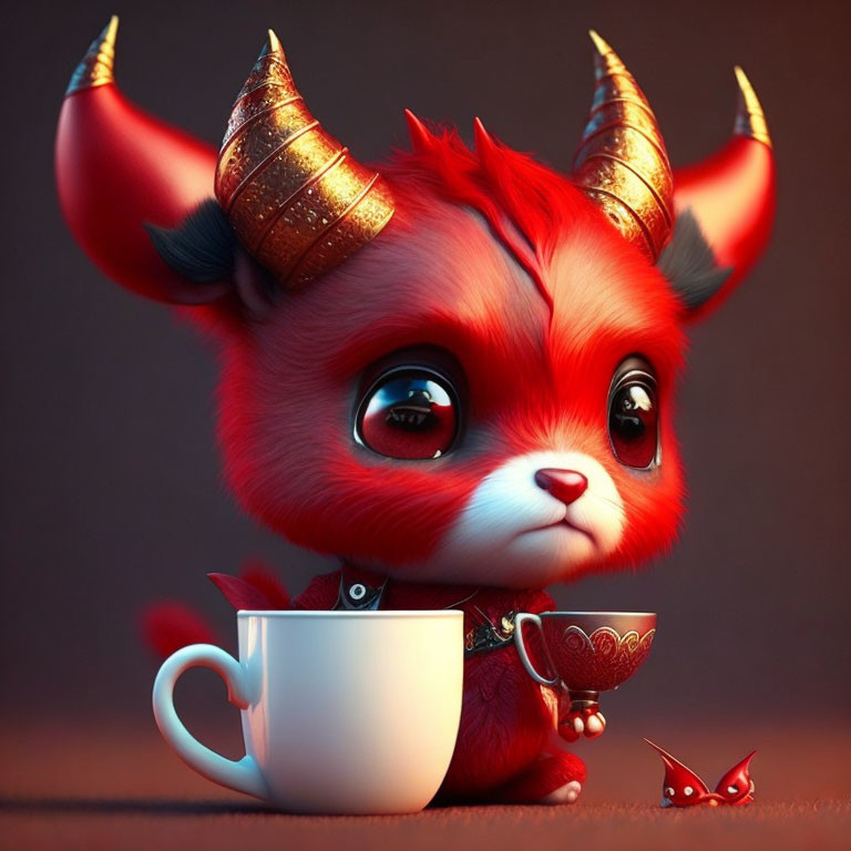 Stylized red creature with golden horns holding red butterfly in white cup