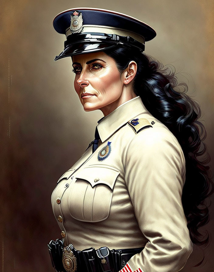 Digital illustration: Woman in stylized police uniform with cap and badges