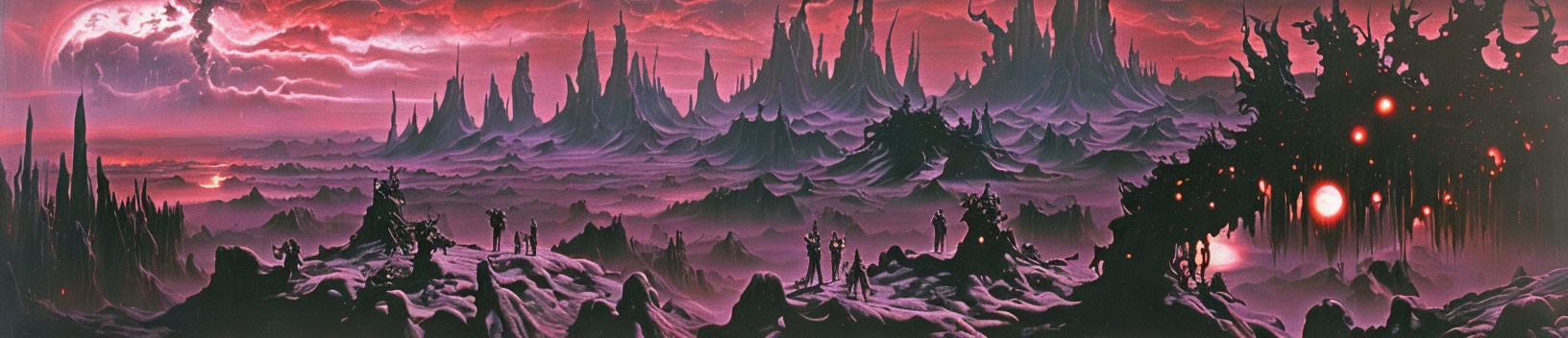 Alien landscape with towering spires and red-purple sky