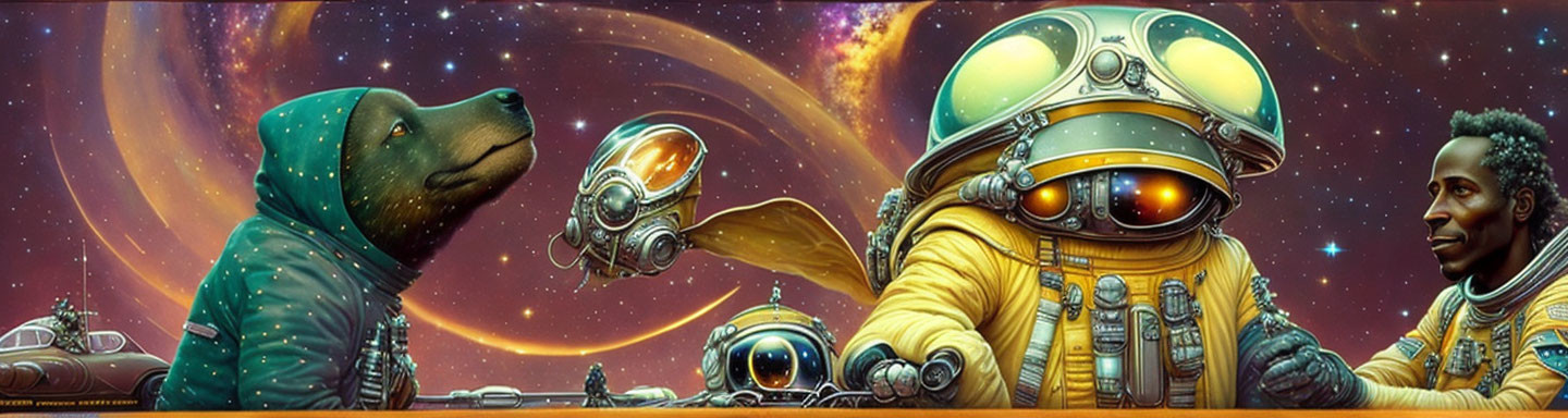 Turtle, Bear, Astronaut, Robot, and Spaceships in Cosmic Scene