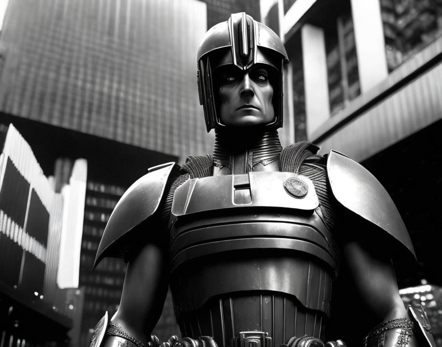 Monochrome futuristic armored figure against urban skyline