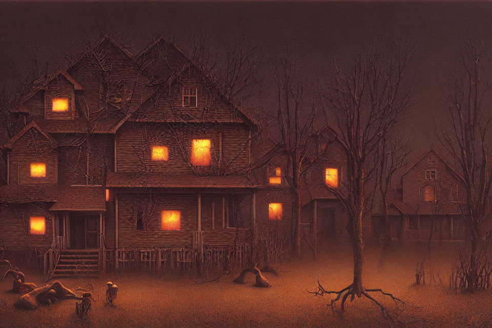 Eerie Victorian house illustration at dusk with warm lights and barren trees