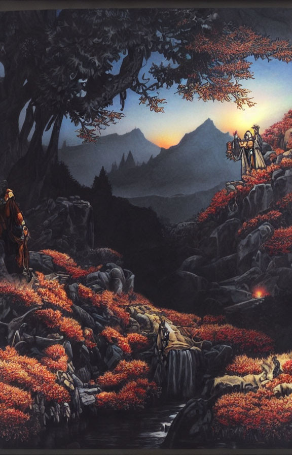 Fantastical dusk landscape with travelers, red foliage, waterfall, mountains, twilight sky