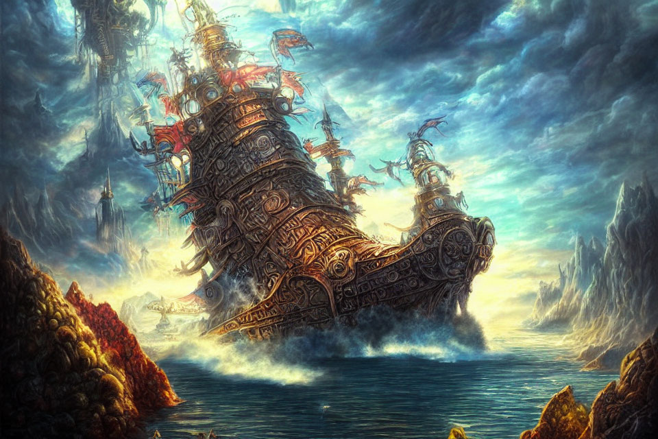 Intricately designed fantasy ship navigating stormy skies