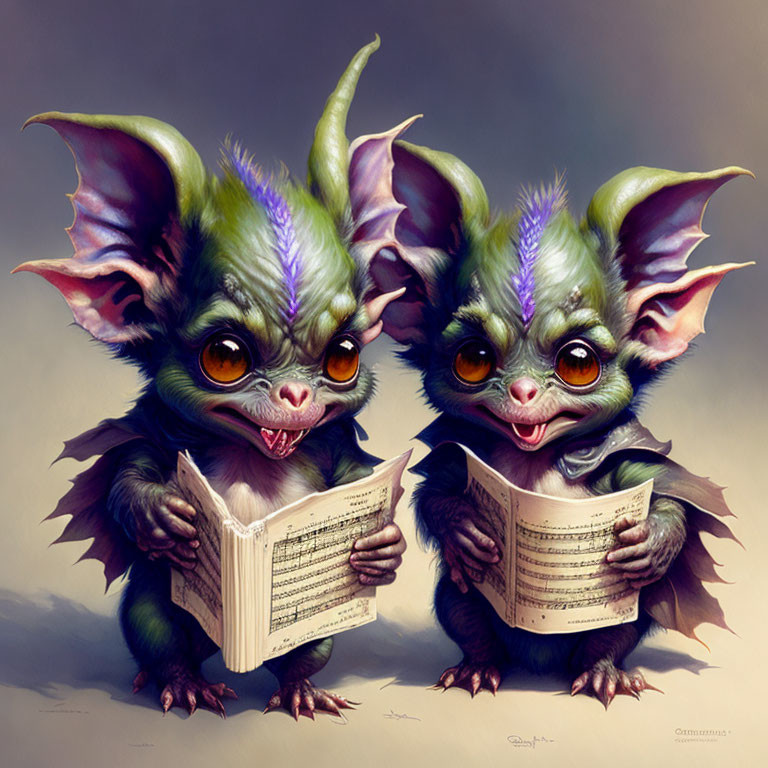 Fantasy creatures with large ears and green skin reading music sheet