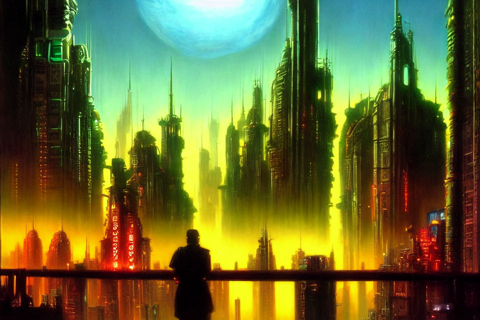 Silhouetted figure observing futuristic cityscape under moonlight