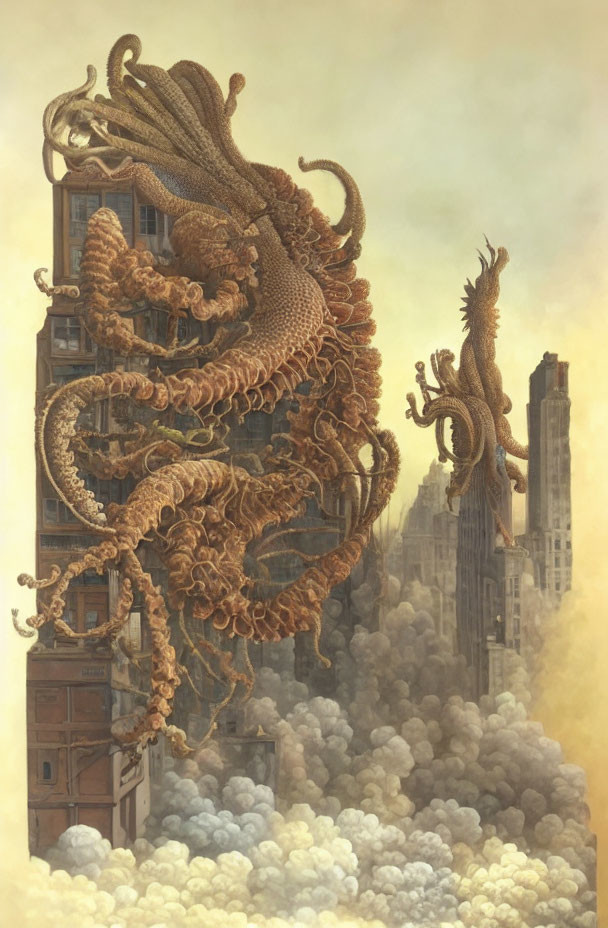 Giant octopus-like creature with intricate textures on classical building above clouds.