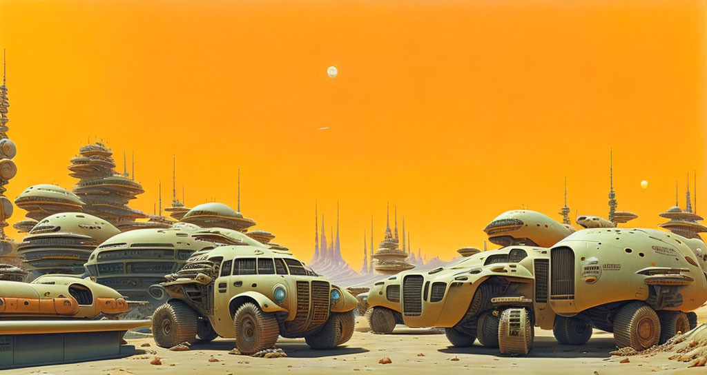 Futuristic desert city with dome-shaped buildings and advanced vehicles under an orange sky