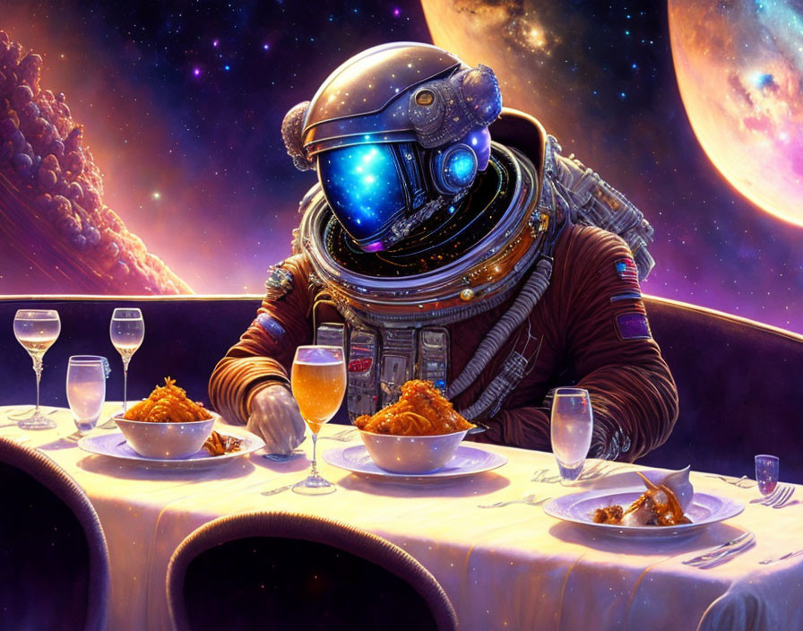 Astronaut dining in space with chicken and wine.