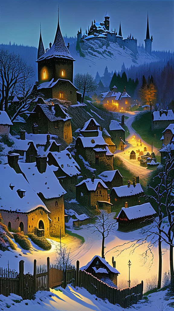 Snow-covered medieval village on tranquil winter night