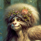 Illustrated bear-faced creature with floral wreath in sunlit forest