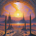 Fantastical landscape with spire-like rock formations and ornate gate under rising or setting sun.