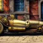 Retro-futuristic vehicle with brass detailing and steampunk design.