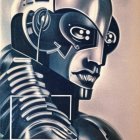 Detailed Vintage Humanoid Robot Illustration with Metallic Segmented Neck and Helmet Design