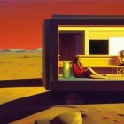 Person sitting in futuristic doorway on alien planet with exotic structures and spacecraft under orange sky