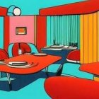 Vibrant retro-futuristic diner with turquoise, red, and orange decor