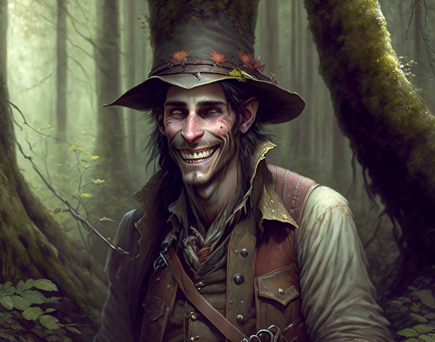 Digital illustration of grinning man with pointed ears in leaf-adorned hat against forest backdrop