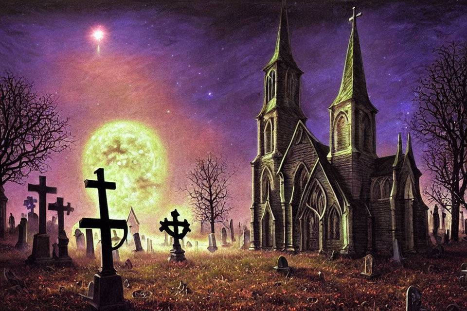 Gothic church, moonlit sky, green hue, gravestones, spooky landscape