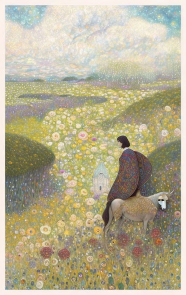 Person in patterned cloak with white dog in flower-filled landscape under starry sky