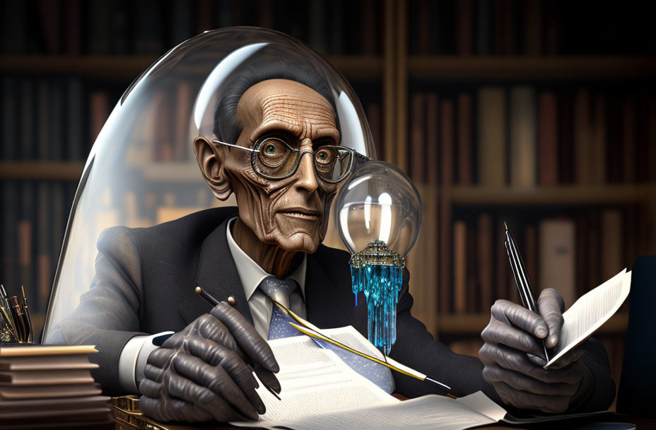 Elderly animated character with glasses working at desk with books and pen