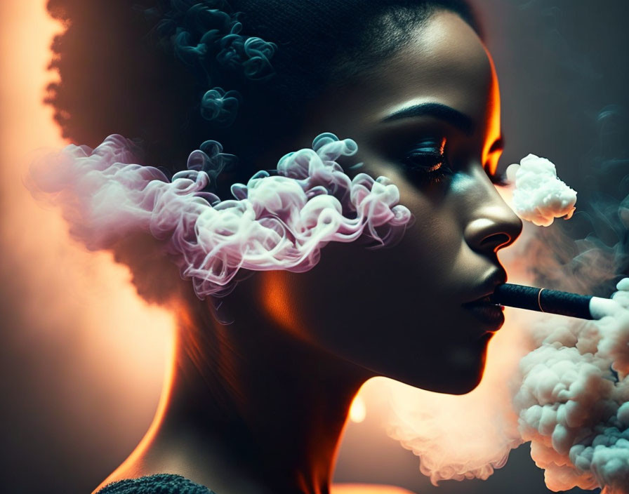 Elaborate hairstyle woman exhales colorful smoke from pipe