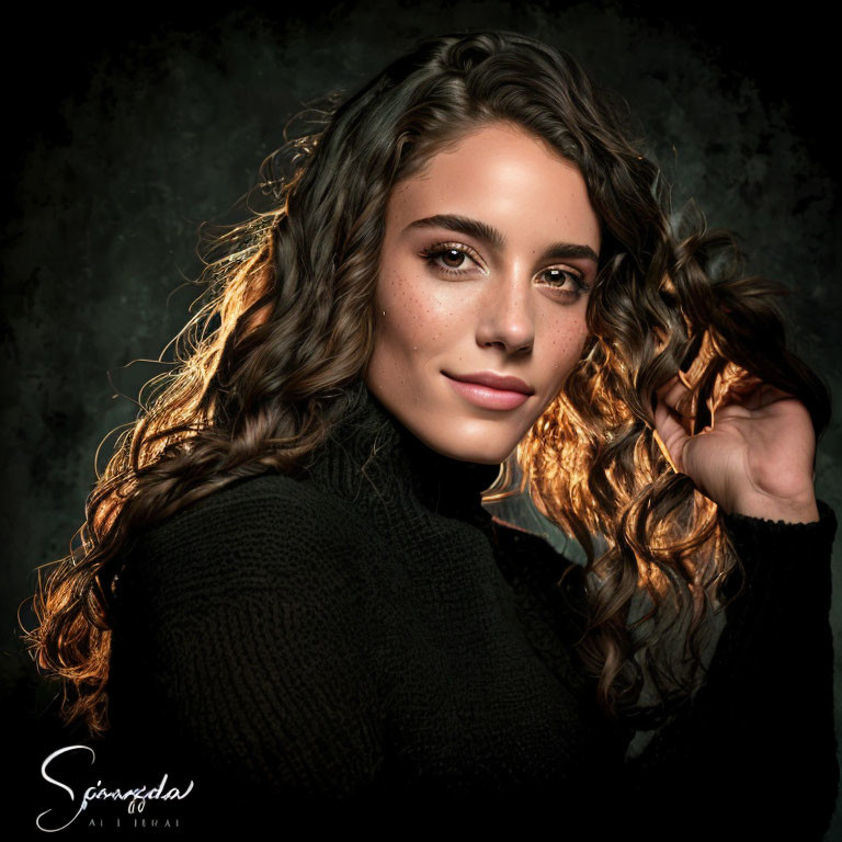 Portrait of young woman with curly hair and freckles under soft lighting