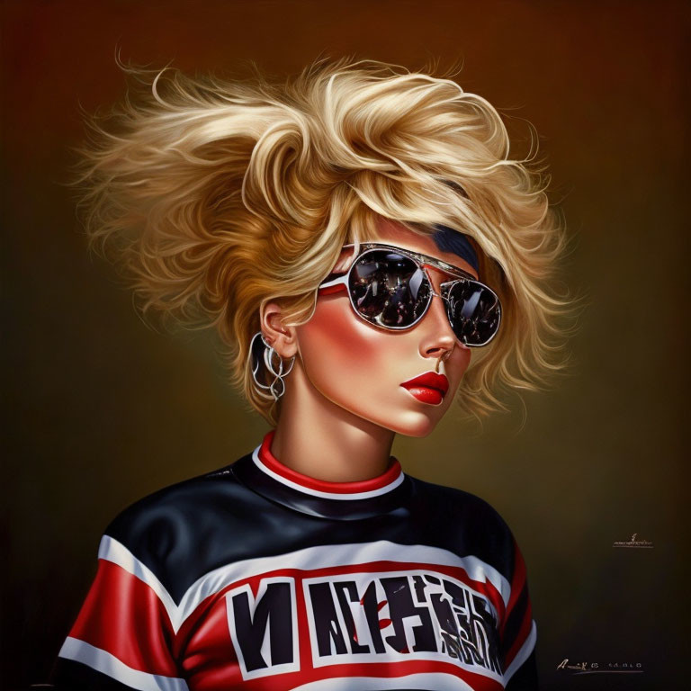 Blonde woman portrait with sunglasses and striped top