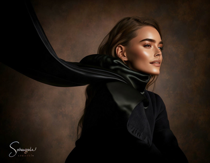 Styled woman in dark coat and scarf against textured background