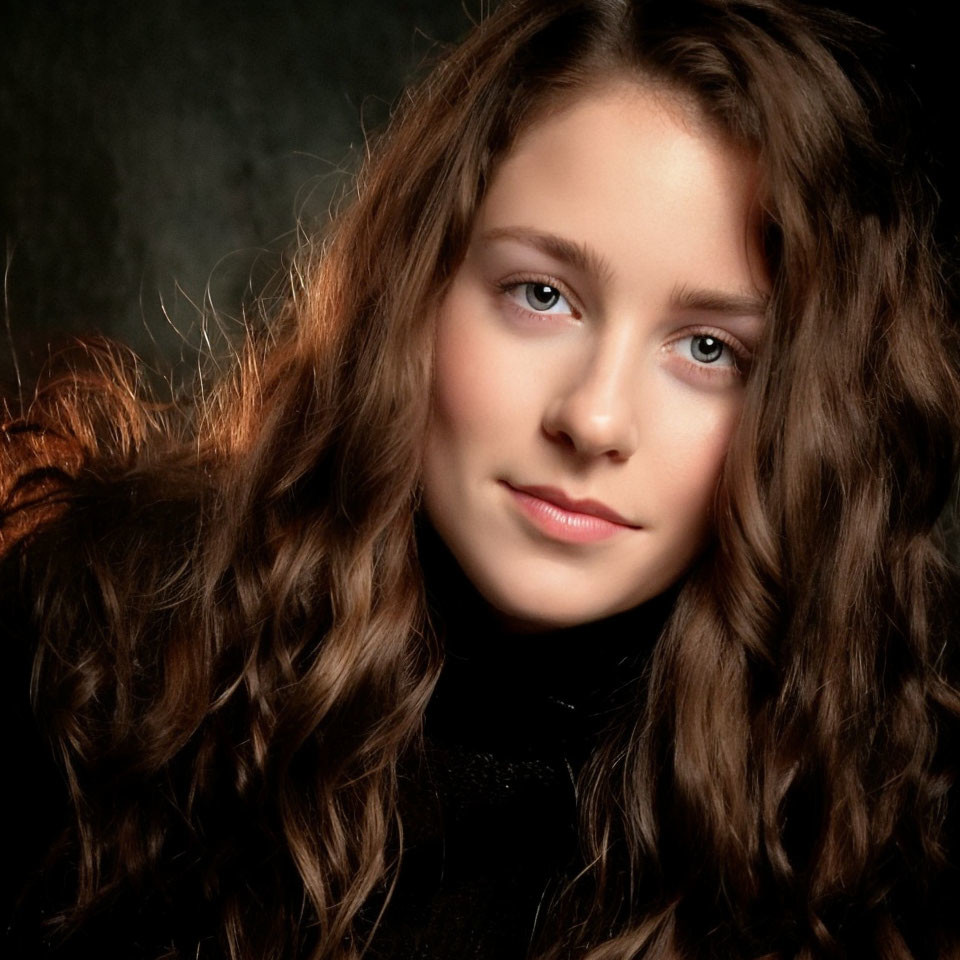 Portrait of young woman with long curly hair and captivating eyes in black top