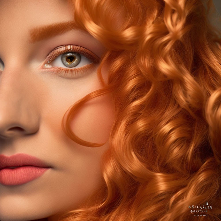 Portrait of person with radiant ginger curls and soft gaze on warm-toned background