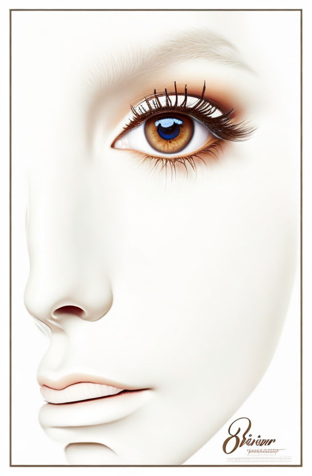 Detailed artistic representation of a woman's face with captivating blue eye and porcelain skin