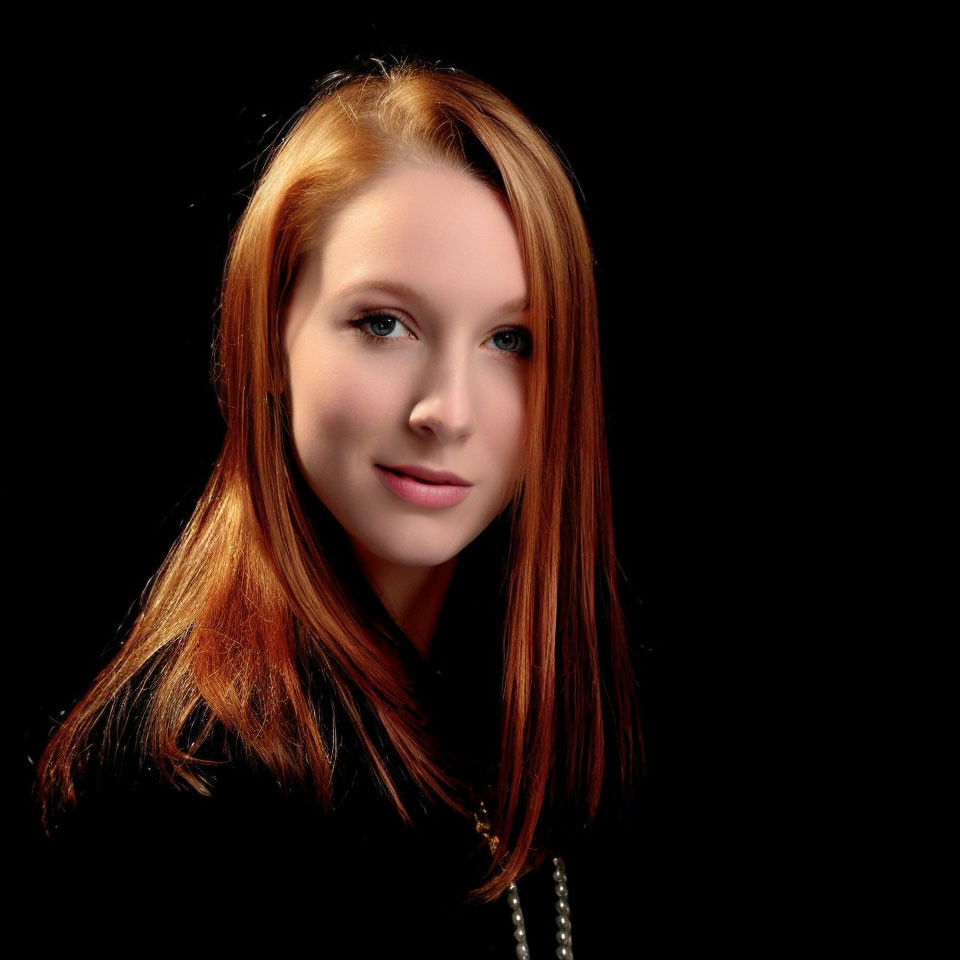 Red-haired woman smiling against black background