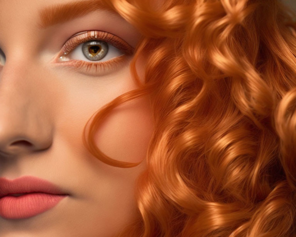 Portrait of person with radiant ginger curls and soft gaze on warm-toned background