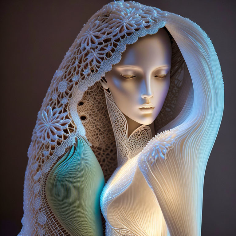 Intricate lace-patterned woman's face sculpture on gradient background